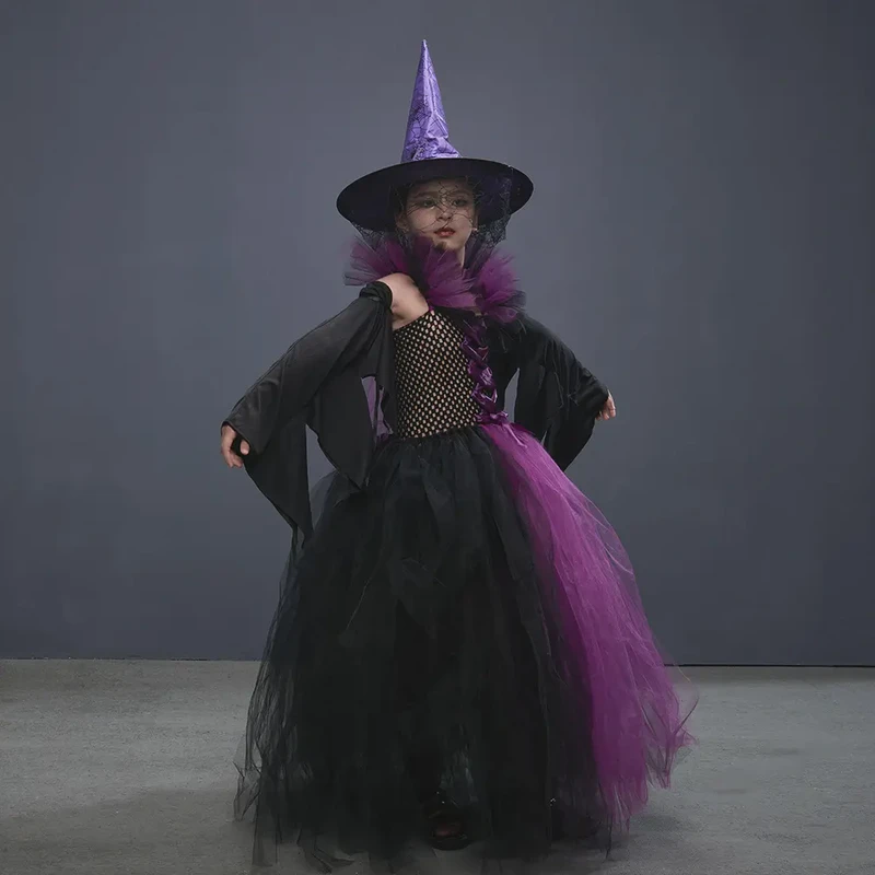Halloween Runway Show Black and Purple Witch Costume for Girls (13)