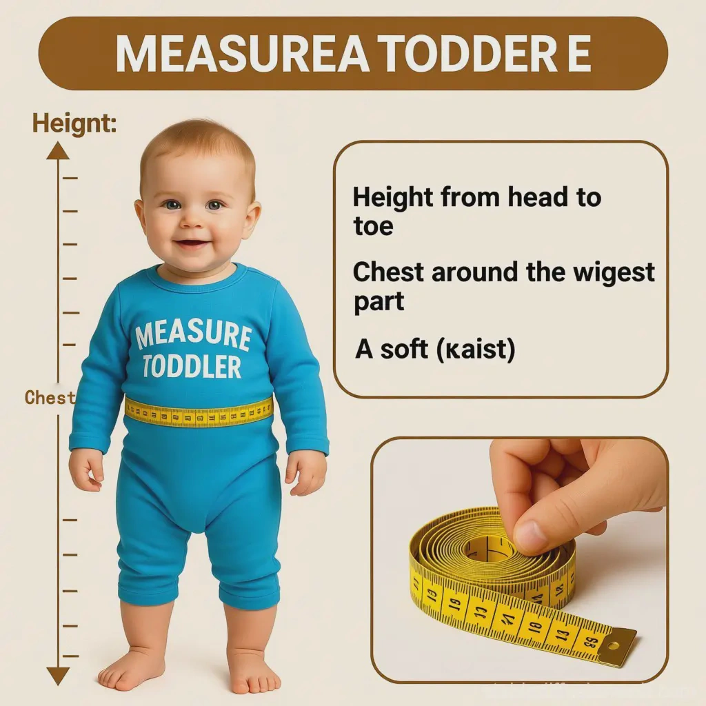 Infographic on how to measure a toddler's height, chest, and waist for Halloween costume sizing