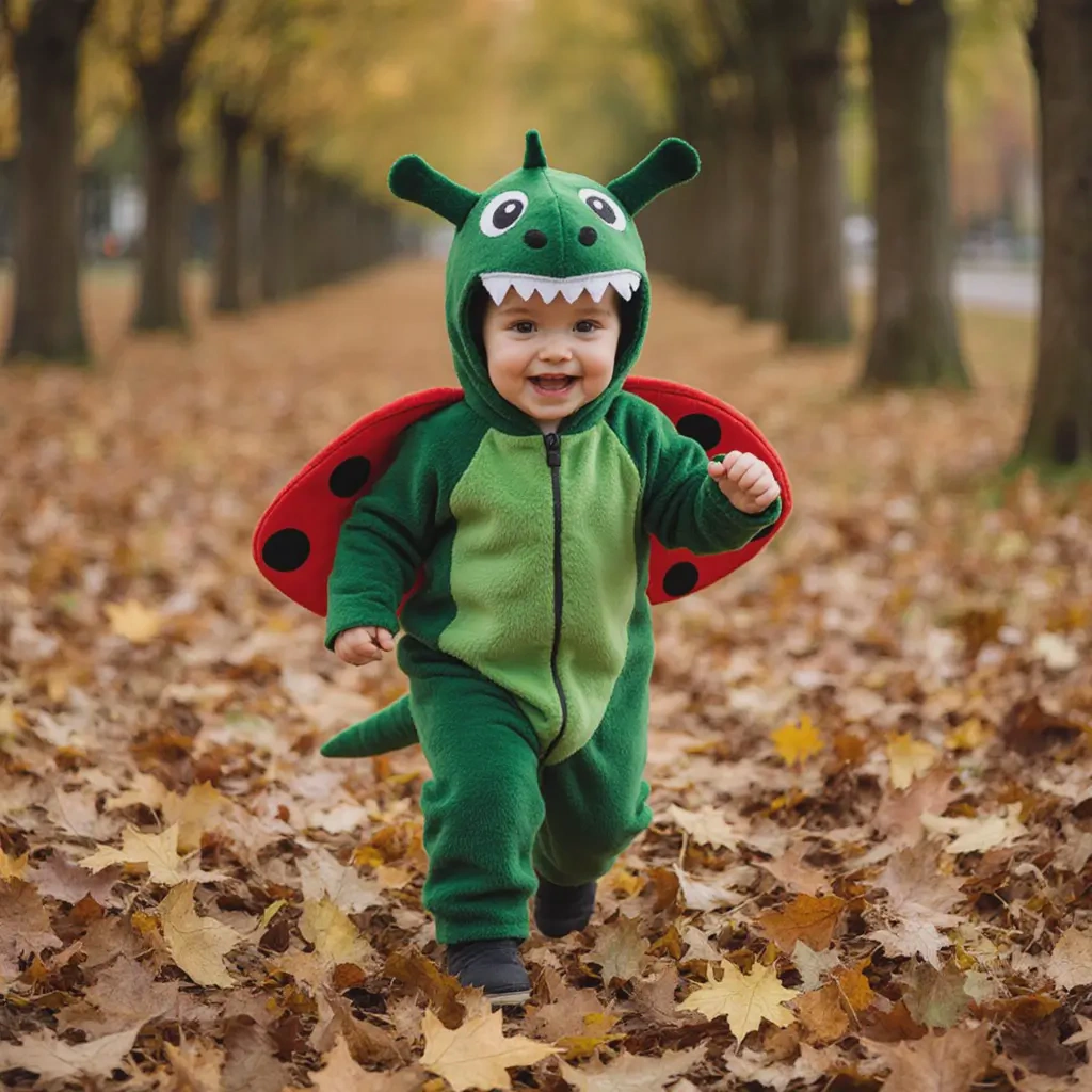 Toddler in soft, flexible dinosaur costume running and playing comfortably outdoors.