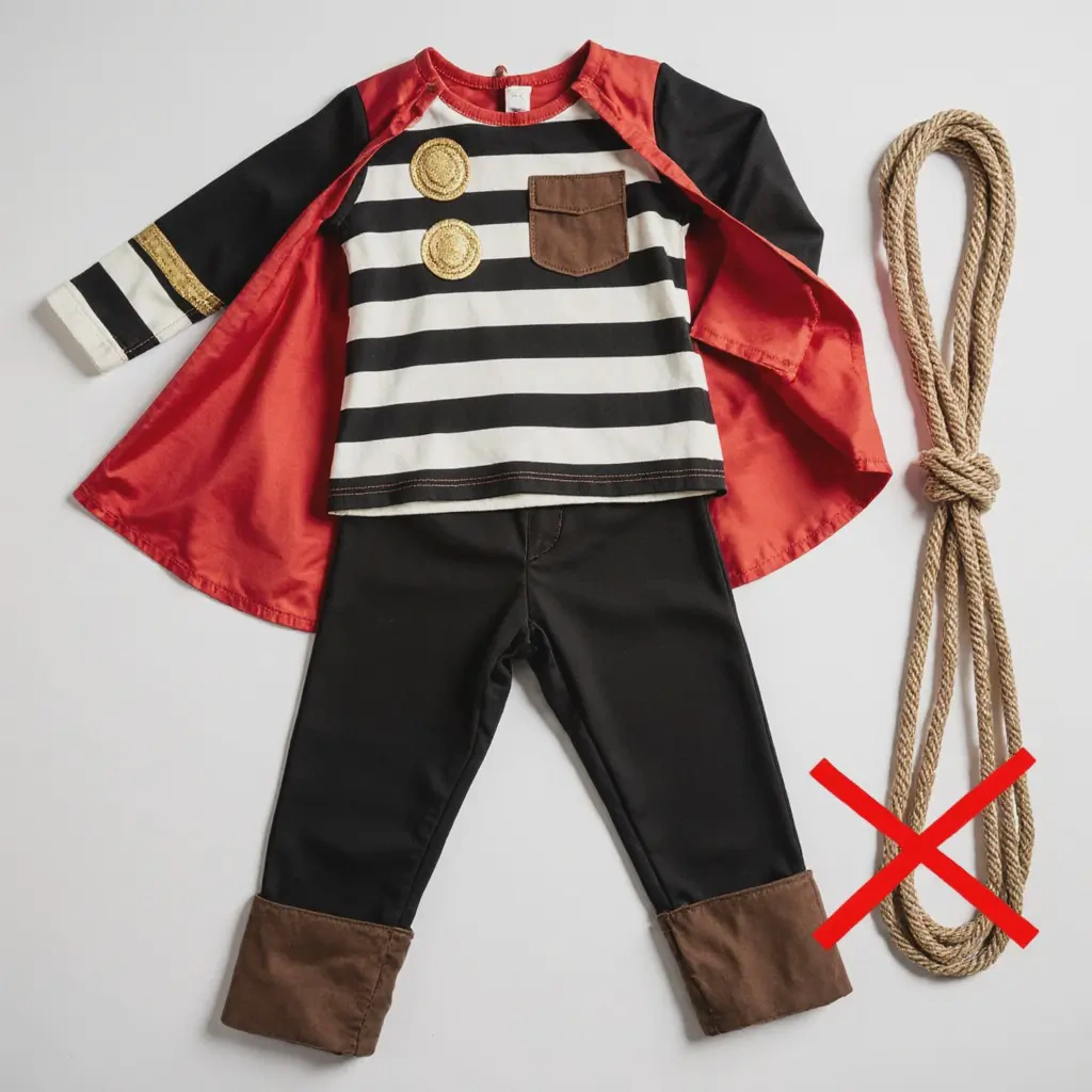 Flat-lay of safe vs unsafe toddler Halloween costume components like cape length and props
