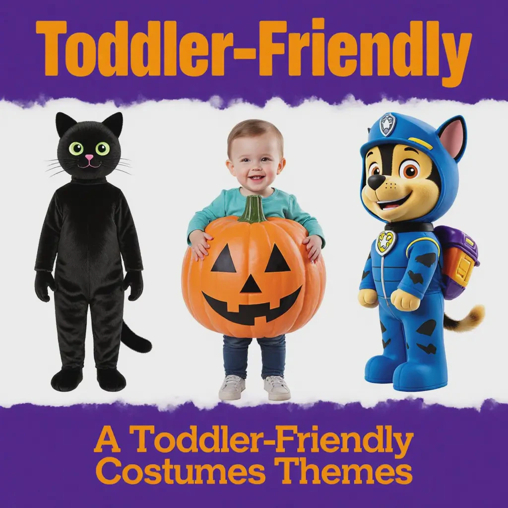Collage of age-appropriate Halloween costumes for toddlers like cat, pumpkin, and cartoon character