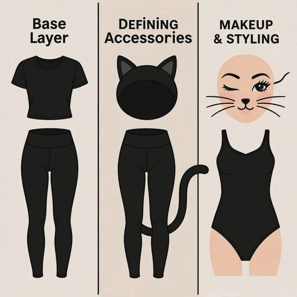 Infographic breaking down the three components of a DIY costume base clothes, accessories, and makeup