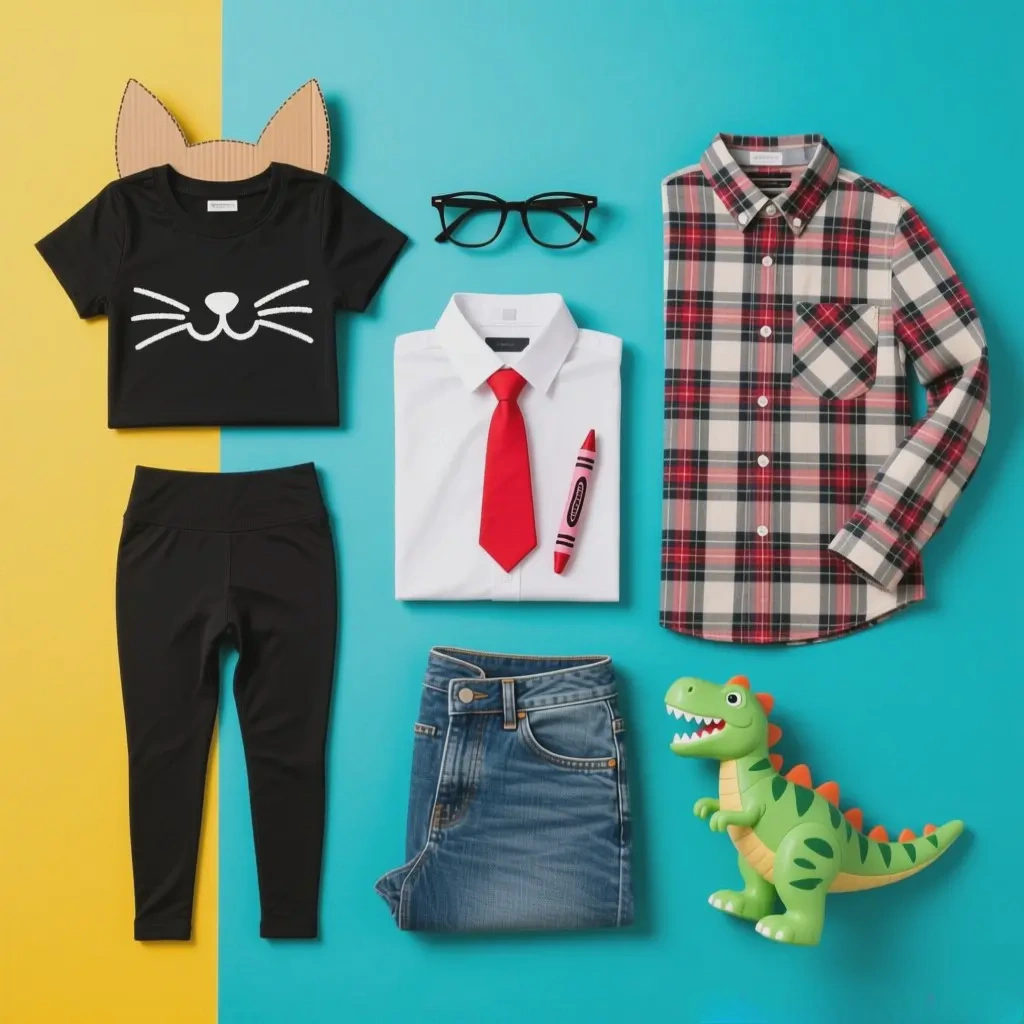 DIY last-minute Halloween costume ideas from closet items like t-shirts, leggings, and simple accessories