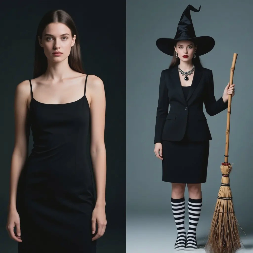 Transforming a simple black dress into a professional witch costume with strategic accessories.