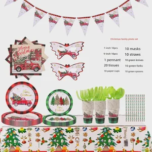 Wholesale Red Green Plaid Christmas Car Disposable Tableware Set Christmas Theme Party Gathering Paper Plate Decoration Supplies