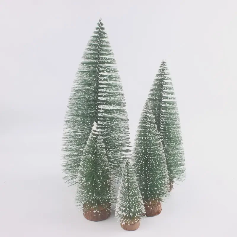 Wholesale Simulation Green White Snow Pine Needle Mini Christmas Tree Desktop Window Display Ornament Decoration Wooden Base