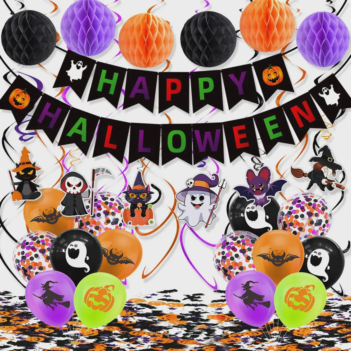 Halloween Decoration Kit for Haunted House Mall Party Banner Honeycomb Ball Hanging Garland Set