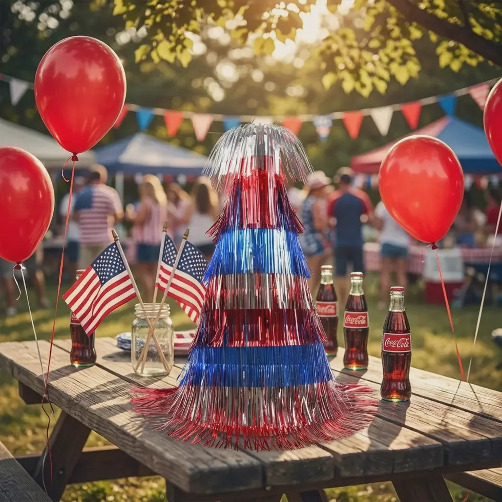 Metallic Tinsel Fringe Streamer Top Hat Red Silver Blue Party Photo Prop for Patriotic Celebration