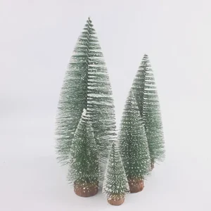 Wholesale Simulation Green White Snow Pine Needle Mini Christmas Tree Desktop Window Display Ornament Decoration Wooden Base