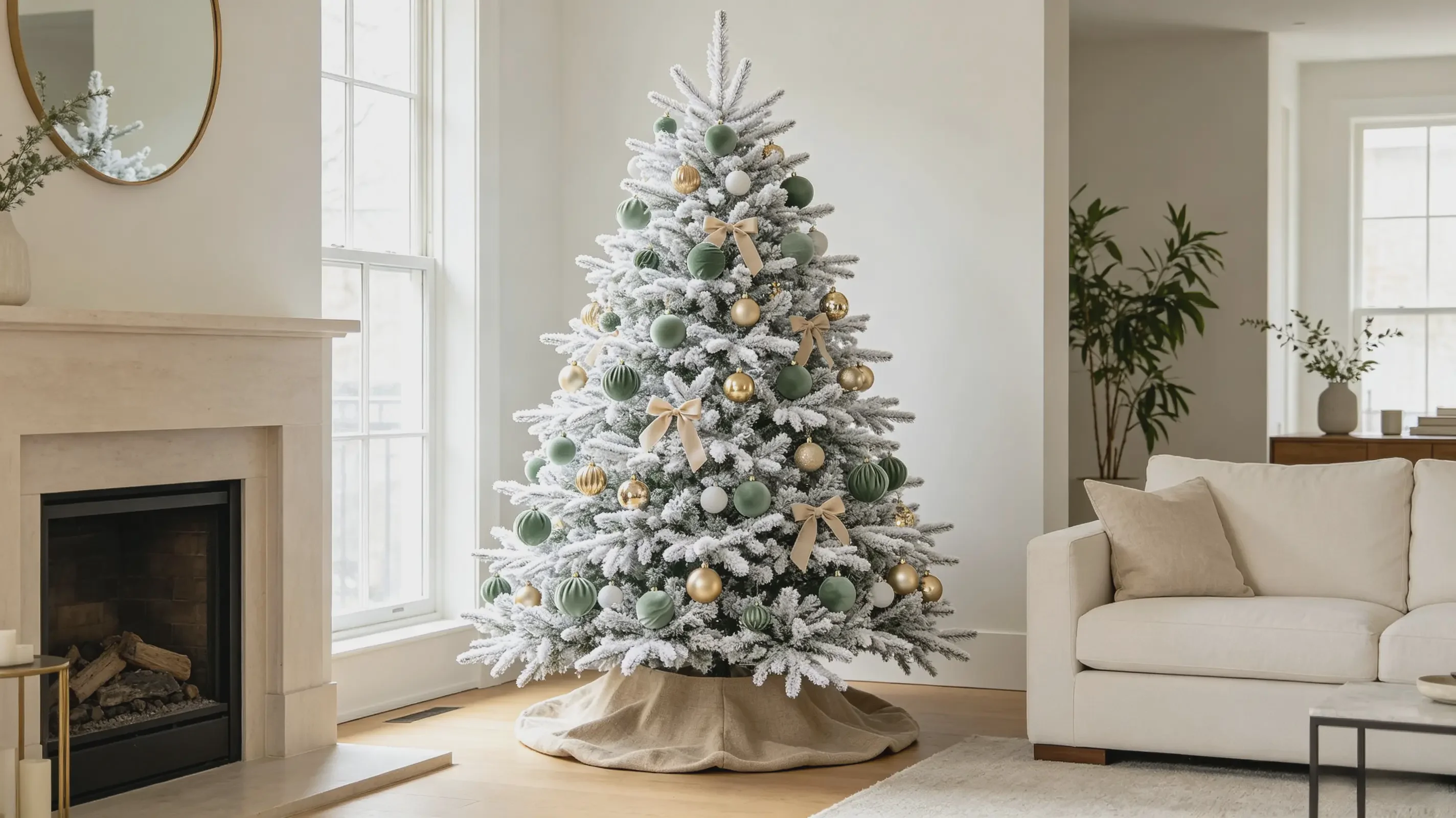 Flocked Christmas tree decorated with sage green and gold ornaments in a bright living room Flocked Christmas tree decorated with sage green and gold ornaments in a bright living room