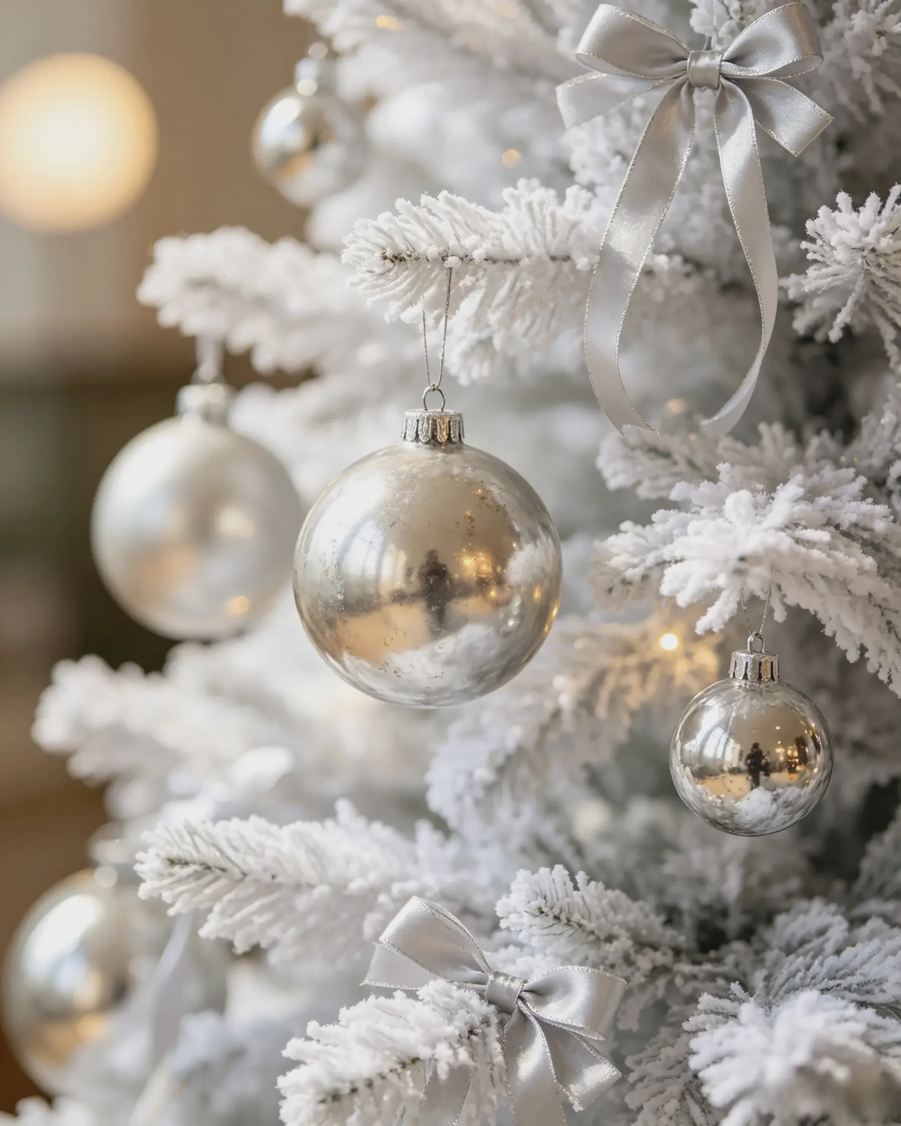 Close-up of mercury glass ornaments and silver ribbon on a white flocked Christmas tree Close-up of mercury glass ornaments and silver ribbon on a white flocked Christmas tree