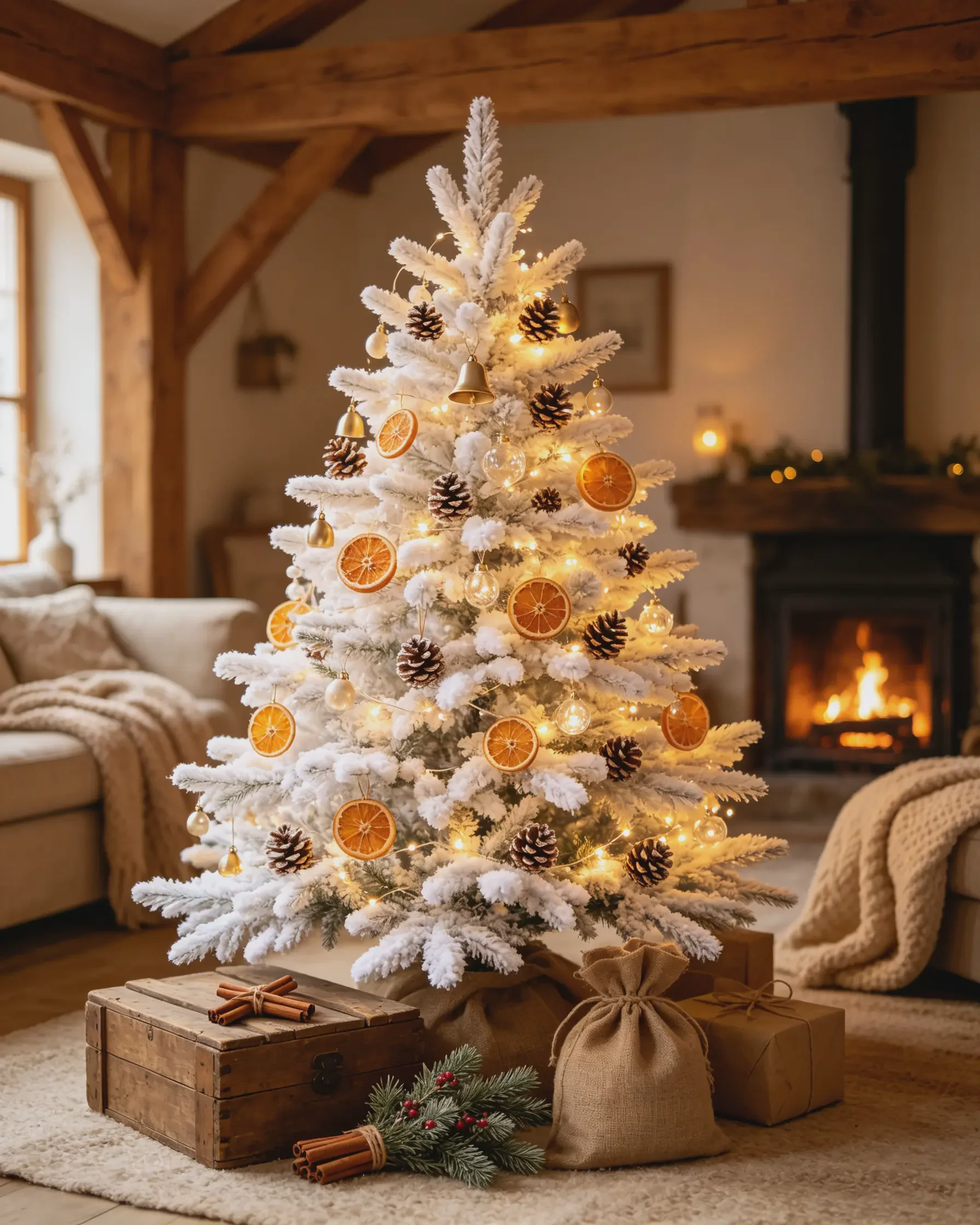 Cozy cottagecore flocked tree with dried orange slices, pinecones, and warm white lights Cozy cottagecore flocked tree with dried orange slices, pinecones, and warm white lights