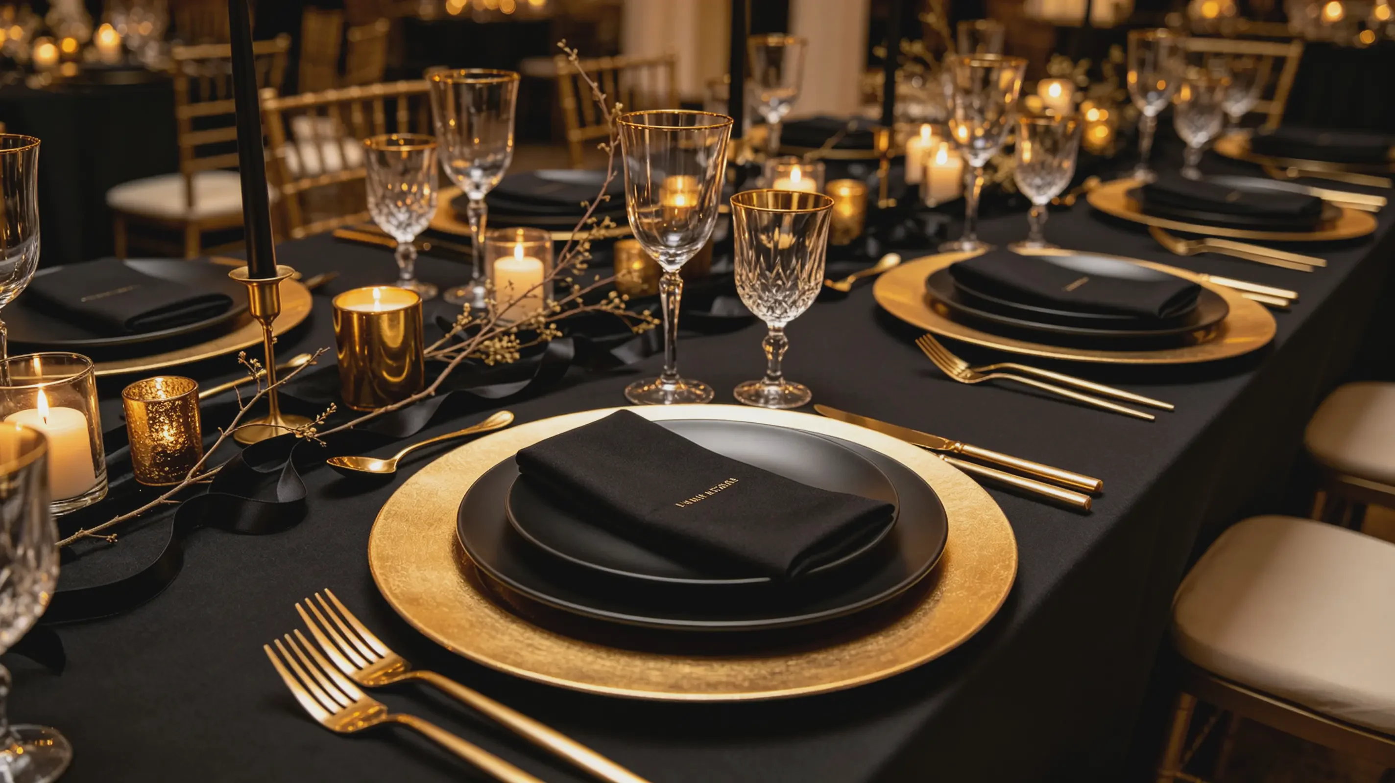 Elegant black and gold party tableware setup featuring gold charger plates,