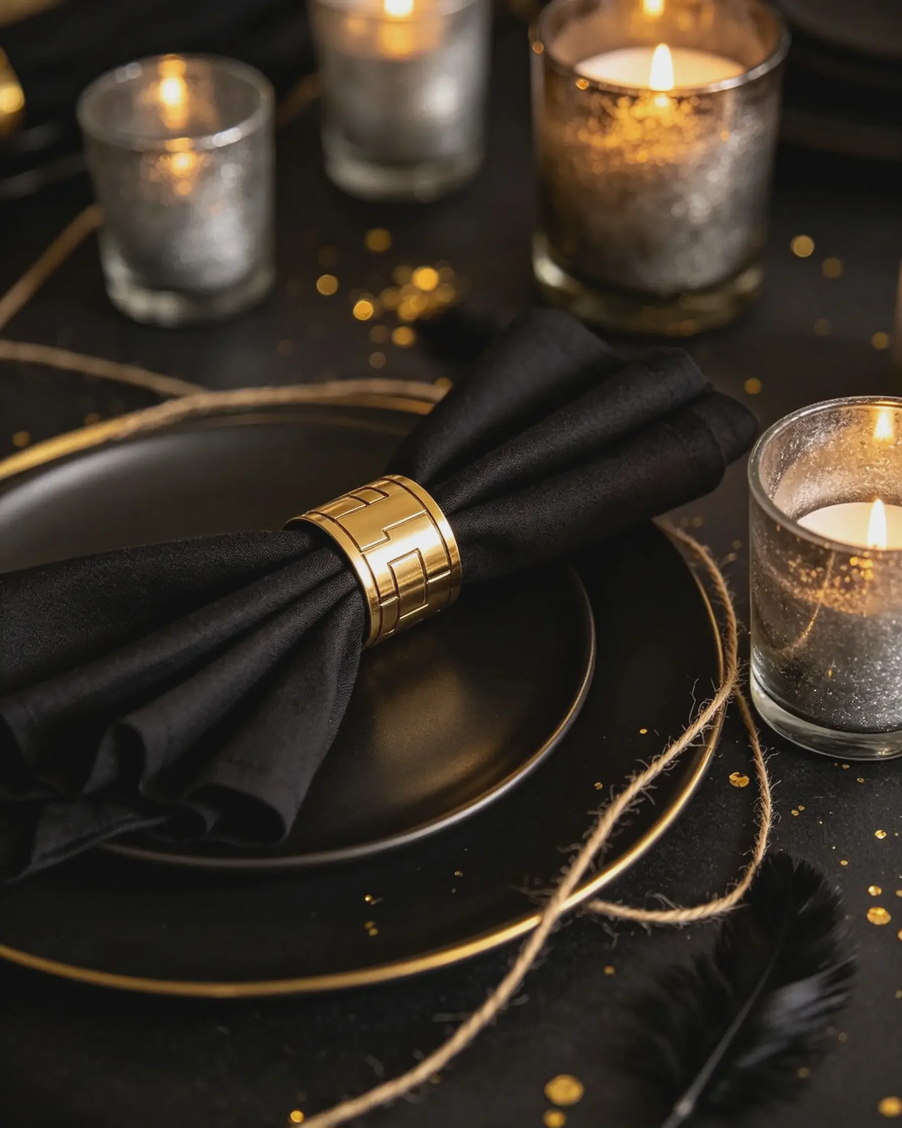 Close-up of a DIY black and gold tablescape with folded black napkins