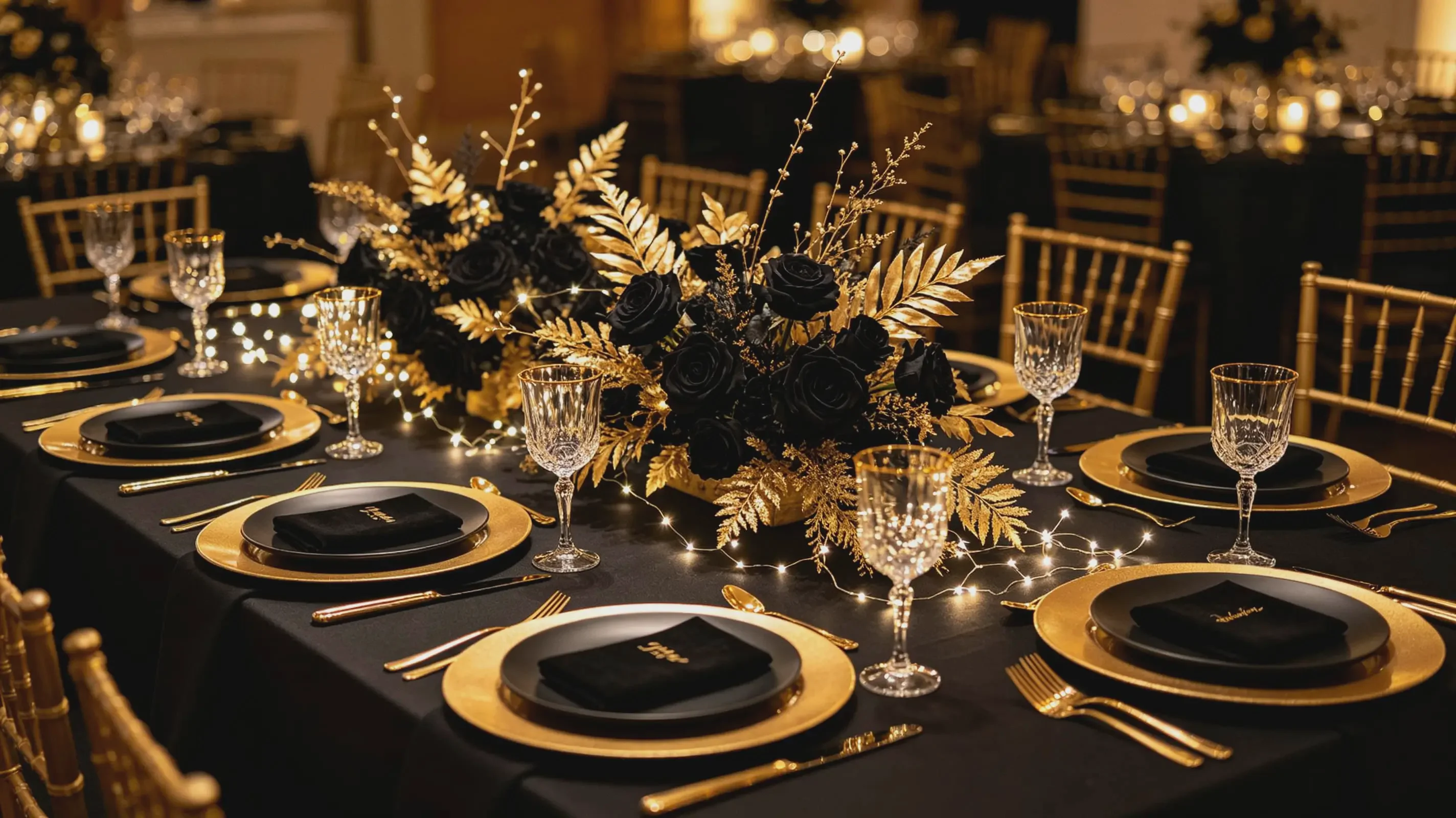 Luxury milestone birthday party table decorated with black and gold party tableware